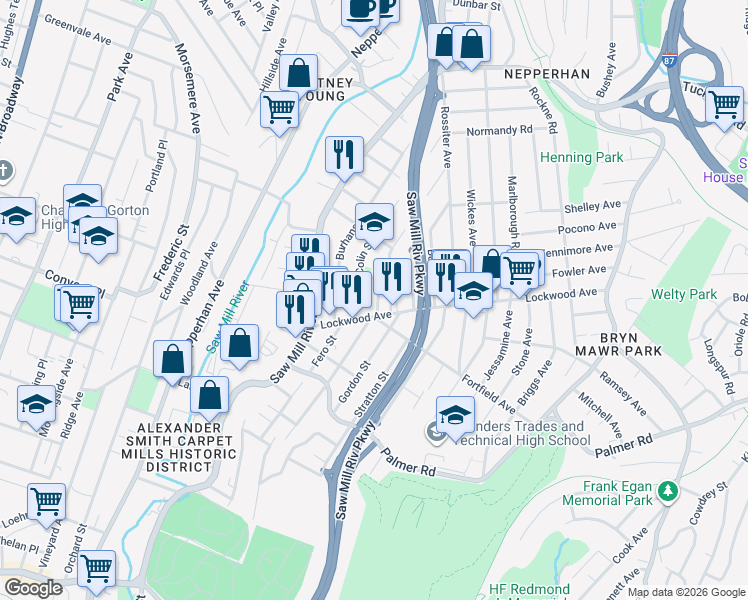 map of restaurants, bars, coffee shops, grocery stores, and more near 91 Clarendon Avenue in Yonkers