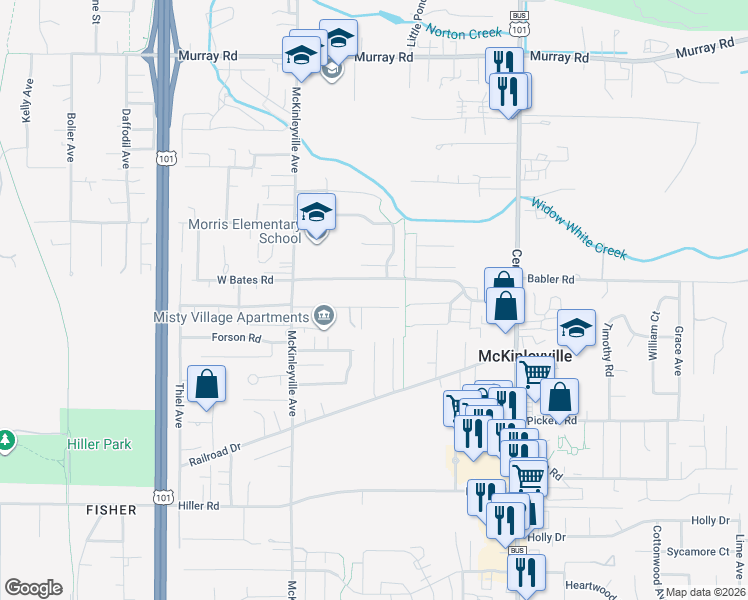 map of restaurants, bars, coffee shops, grocery stores, and more near 1341 Belnor Road in McKinleyville
