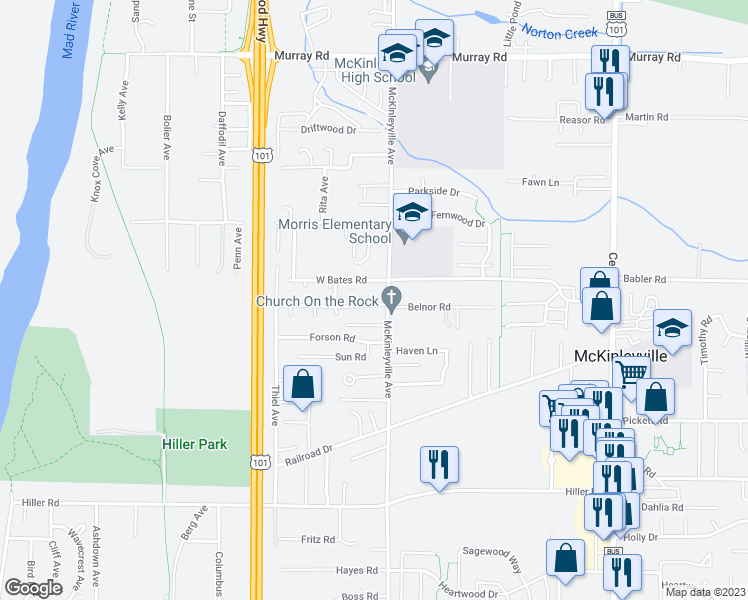 map of restaurants, bars, coffee shops, grocery stores, and more near 1191 Adkins Road in McKinleyville