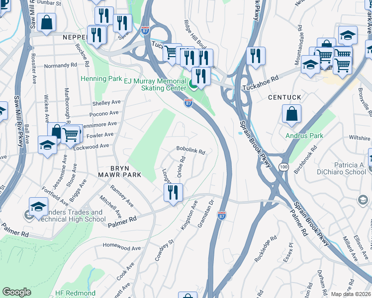 map of restaurants, bars, coffee shops, grocery stores, and more near 125 Bobolink Road in Yonkers