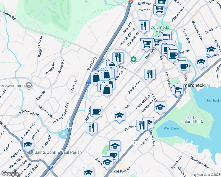 map of restaurants, bars, coffee shops, grocery stores, and more near 532 Waverly Avenue in Mamaroneck