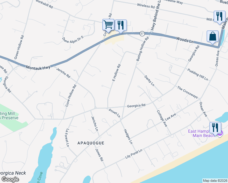 map of restaurants, bars, coffee shops, grocery stores, and more near 65 East Hollow Road in East Hampton