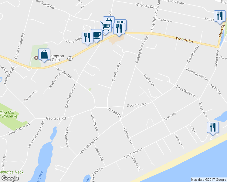 map of restaurants, bars, coffee shops, grocery stores, and more near 65 East Hollow Road in East Hampton