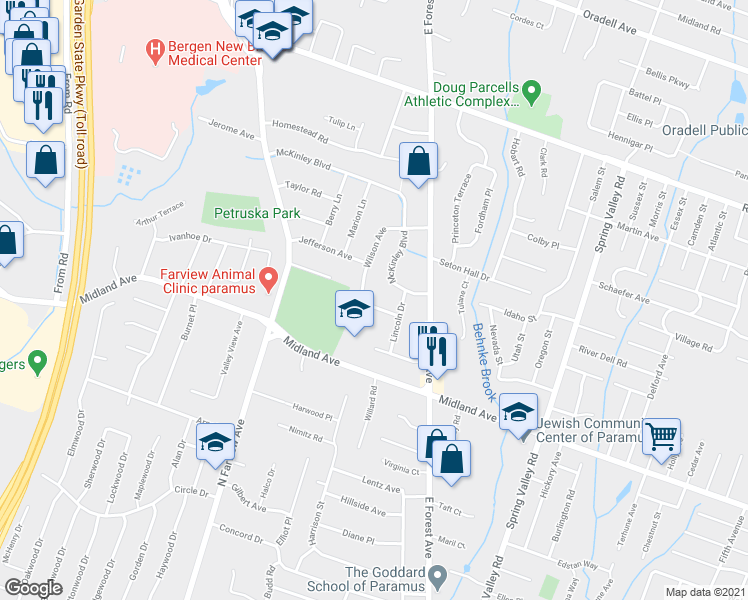 map of restaurants, bars, coffee shops, grocery stores, and more near 239 Monroe Avenue in Paramus
