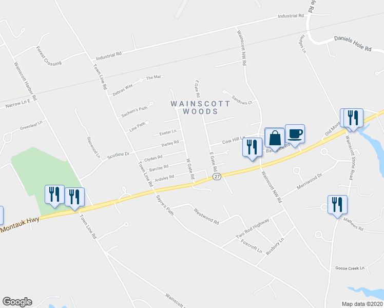 map of restaurants, bars, coffee shops, grocery stores, and more near 28 West Gate Road in Wainscott