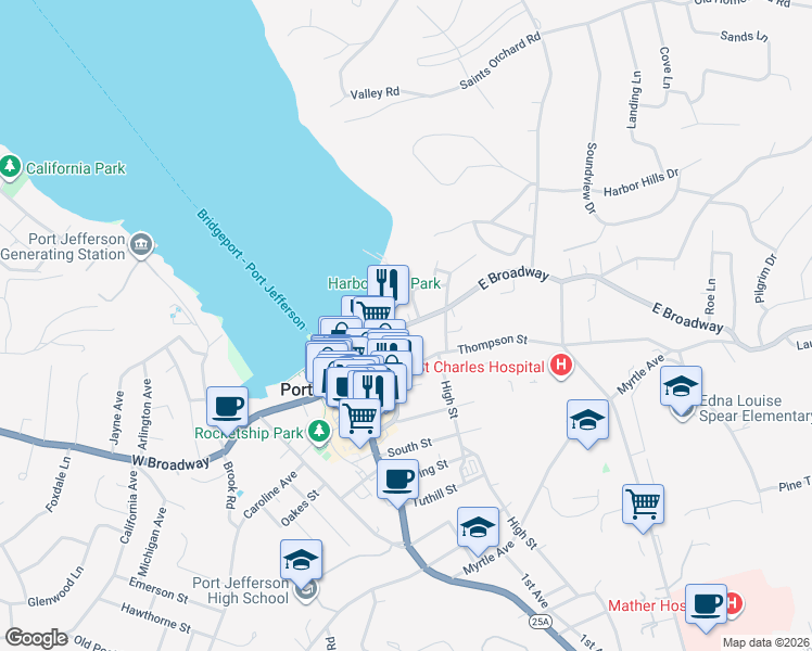 map of restaurants, bars, coffee shops, grocery stores, and more near 111 East Broadway in Port Jefferson