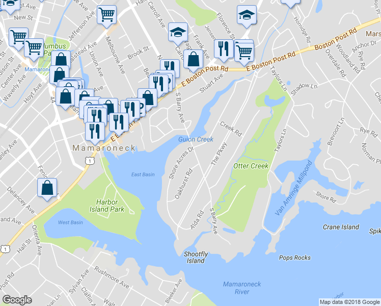 map of restaurants, bars, coffee shops, grocery stores, and more near 305 South Barry Avenue in Mamaroneck