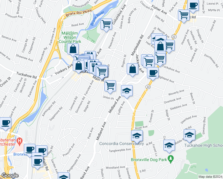 map of restaurants, bars, coffee shops, grocery stores, and more near 51 Washington Street in Tuckahoe