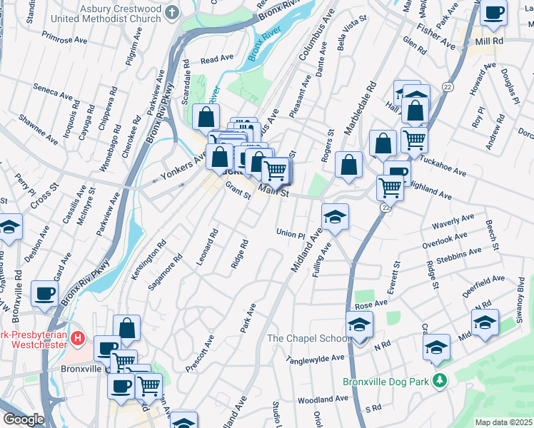 map of restaurants, bars, coffee shops, grocery stores, and more near 32 Terrace Place in Tuckahoe