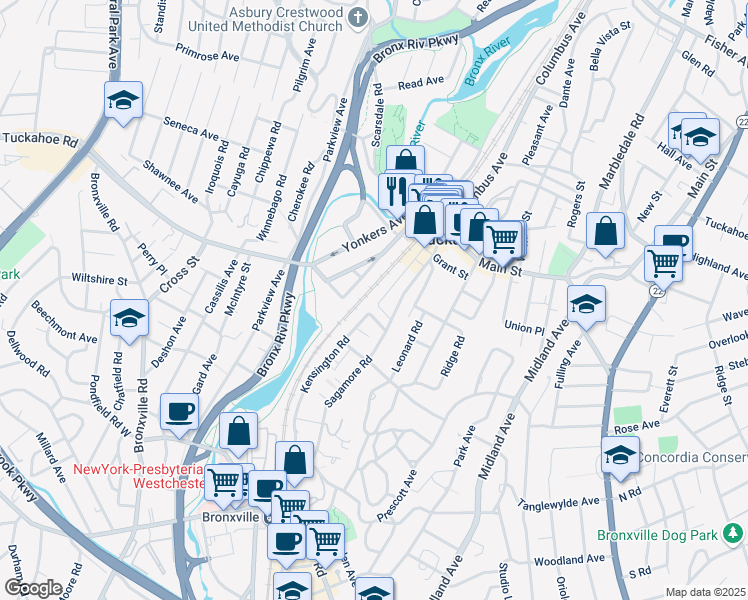 map of restaurants, bars, coffee shops, grocery stores, and more near 6 Oak Avenue in Tuckahoe
