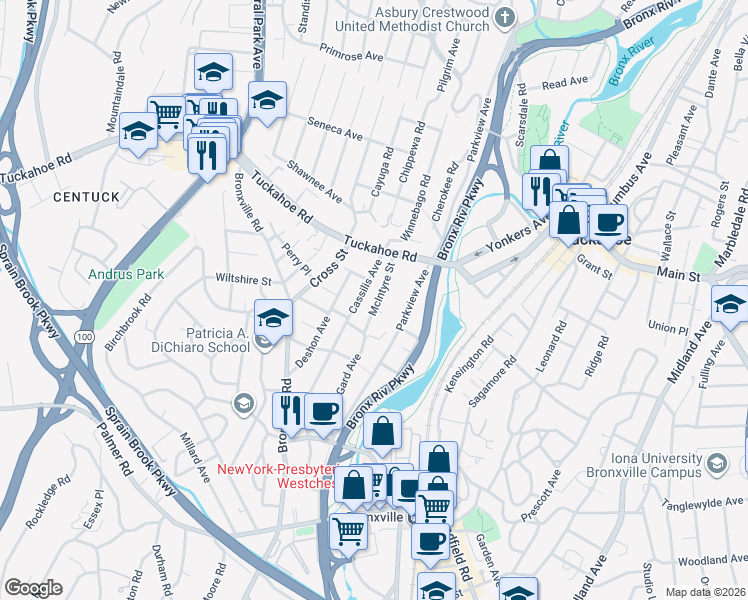 map of restaurants, bars, coffee shops, grocery stores, and more near 94 Cassilis Avenue in Yonkers