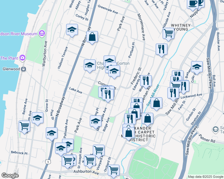 map of restaurants, bars, coffee shops, grocery stores, and more near 169 Voss Avenue in Yonkers