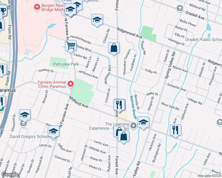 map of restaurants, bars, coffee shops, grocery stores, and more near 474 Lincoln Drive in Paramus