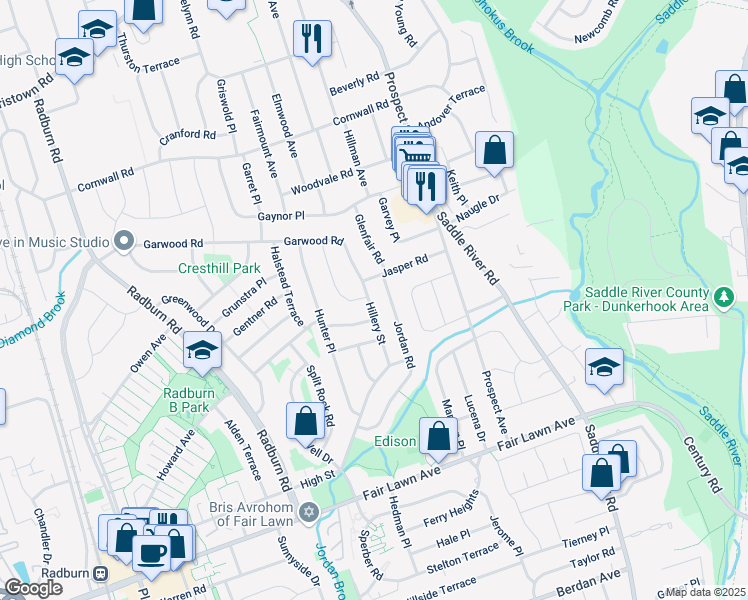 map of restaurants, bars, coffee shops, grocery stores, and more near 20-04 Hillery Street in Fair Lawn