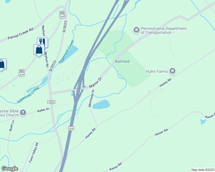 map of restaurants, bars, coffee shops, grocery stores, and more near 4227 Manor Drive in Stroudsburg