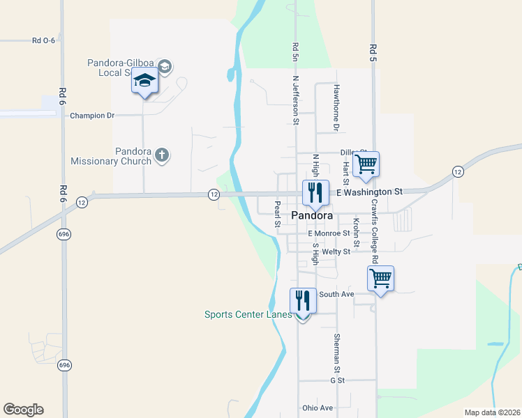 map of restaurants, bars, coffee shops, grocery stores, and more near 206 West Main Street in Ottawa