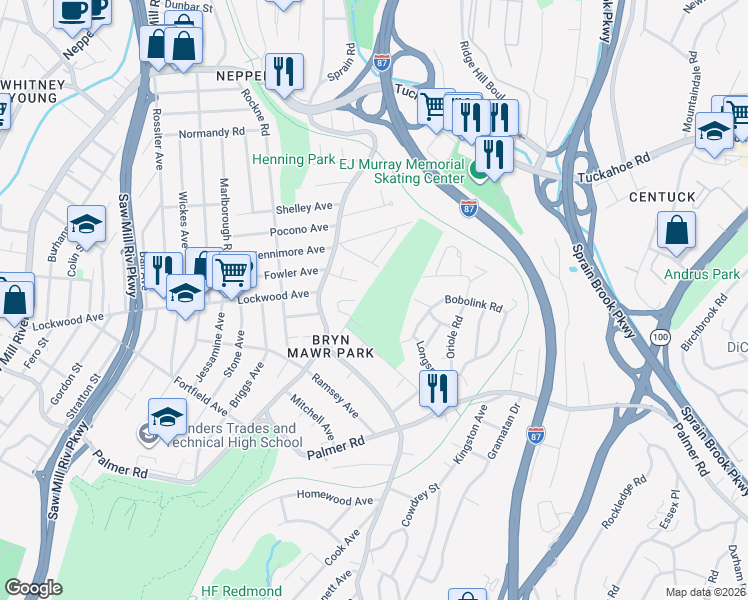map of restaurants, bars, coffee shops, grocery stores, and more near 74 Mangrove Road in Yonkers