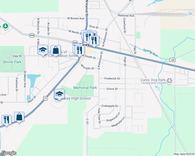 map of restaurants, bars, coffee shops, grocery stores, and more near 332 South Patterson Street in Carey