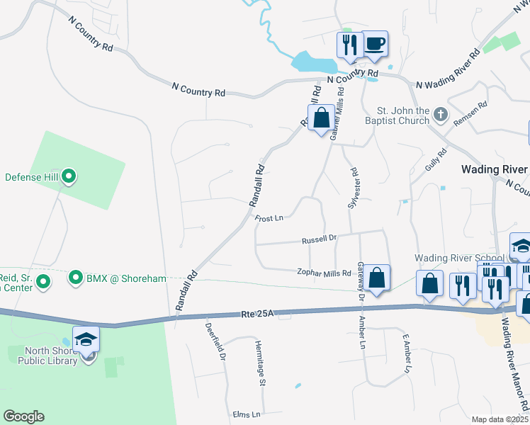 map of restaurants, bars, coffee shops, grocery stores, and more near 3 Frost Lane in Wading River