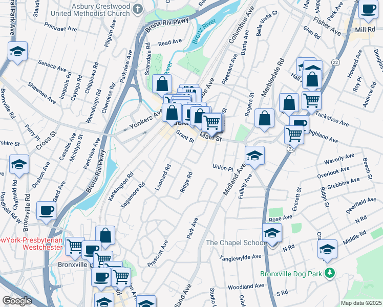 map of restaurants, bars, coffee shops, grocery stores, and more near 22 Fairview Avenue in Tuckahoe