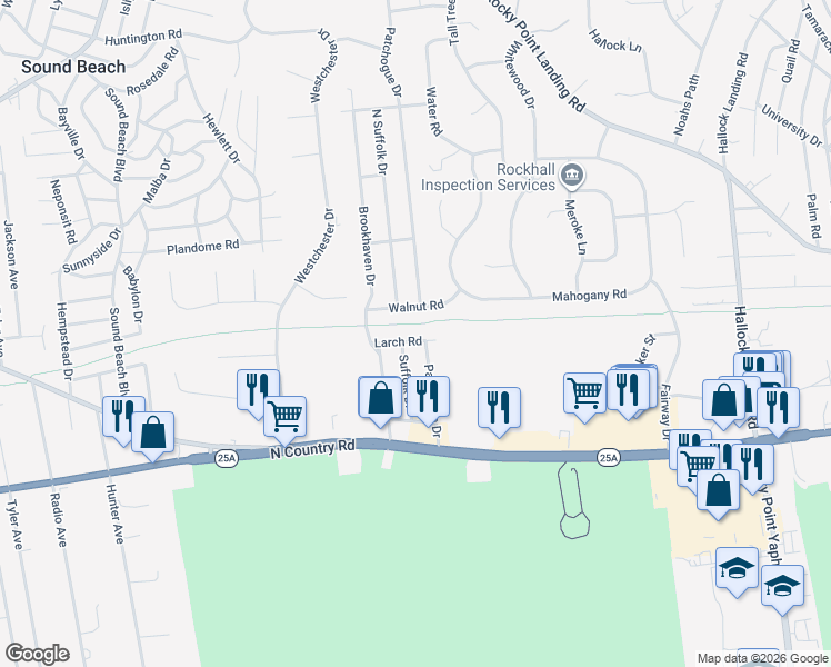 map of restaurants, bars, coffee shops, grocery stores, and more near 23 Larch Road in Rocky Point