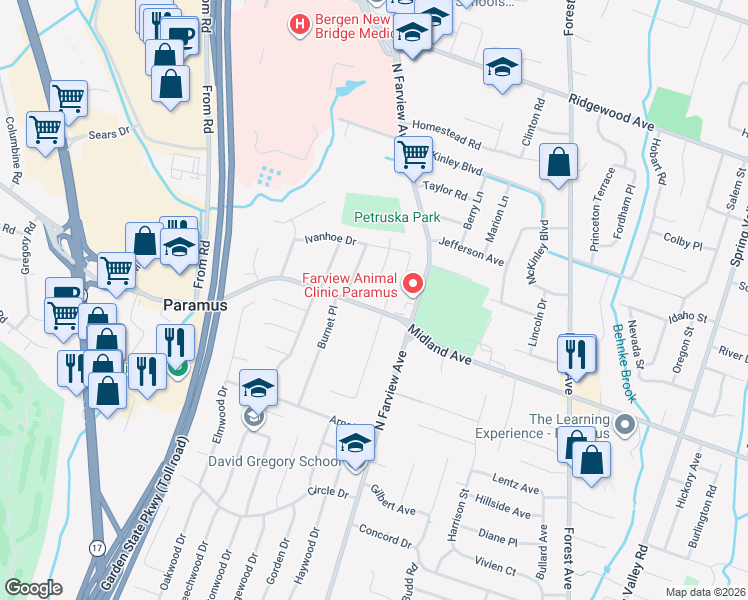 map of restaurants, bars, coffee shops, grocery stores, and more near 151 East Midland Avenue in Paramus