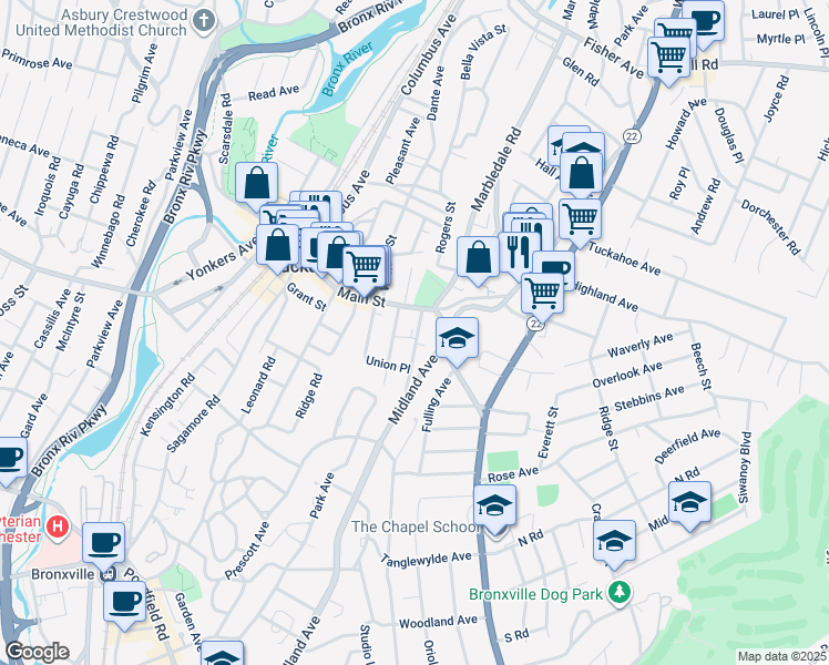 map of restaurants, bars, coffee shops, grocery stores, and more near 65 Midland Place in Tuckahoe