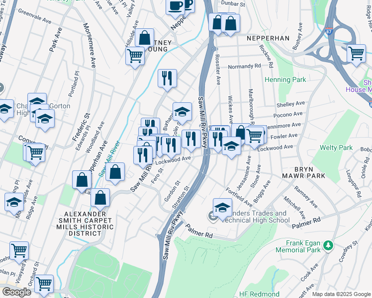 map of restaurants, bars, coffee shops, grocery stores, and more near 92 Clarendon Avenue in Yonkers