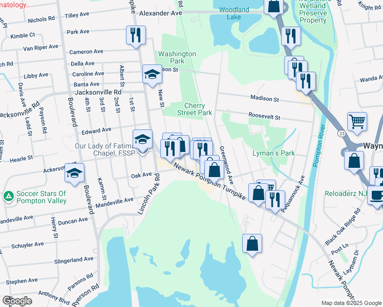 map of restaurants, bars, coffee shops, grocery stores, and more near 19 New Read Street in Pequannock Township