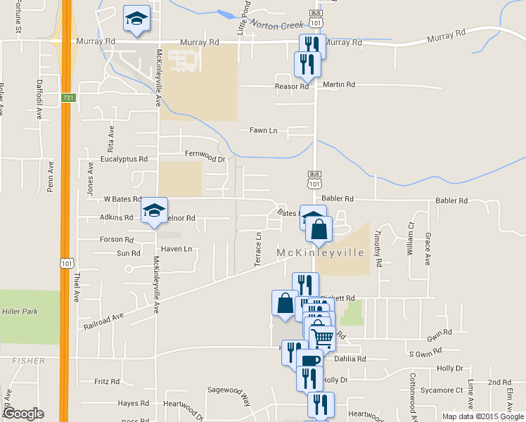 map of restaurants, bars, coffee shops, grocery stores, and more near 1455 Chickadee Court in McKinleyville