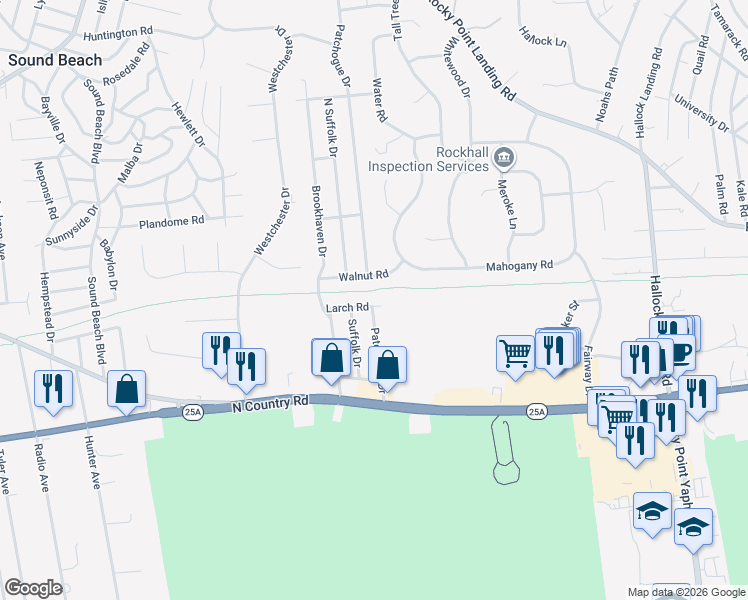 map of restaurants, bars, coffee shops, grocery stores, and more near 23 Larch Road in Rocky Point