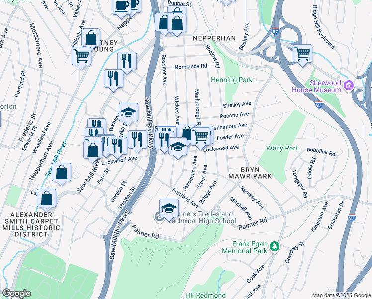 map of restaurants, bars, coffee shops, grocery stores, and more near 135 Lockwood Avenue in Yonkers