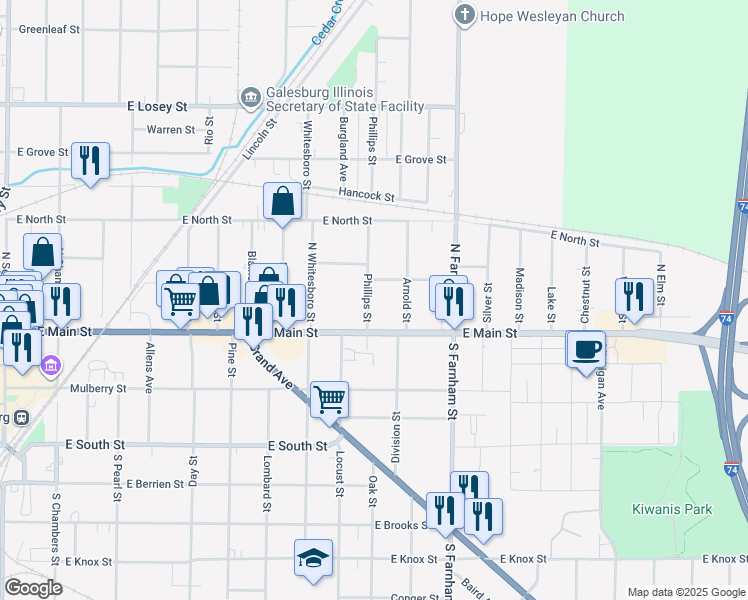 map of restaurants, bars, coffee shops, grocery stores, and more near 38-154 Phillips St in Galesburg