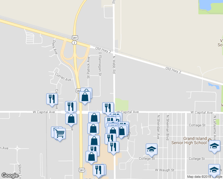 map of restaurants, bars, coffee shops, grocery stores, and more near 2622 North Webb Road in Grand Island