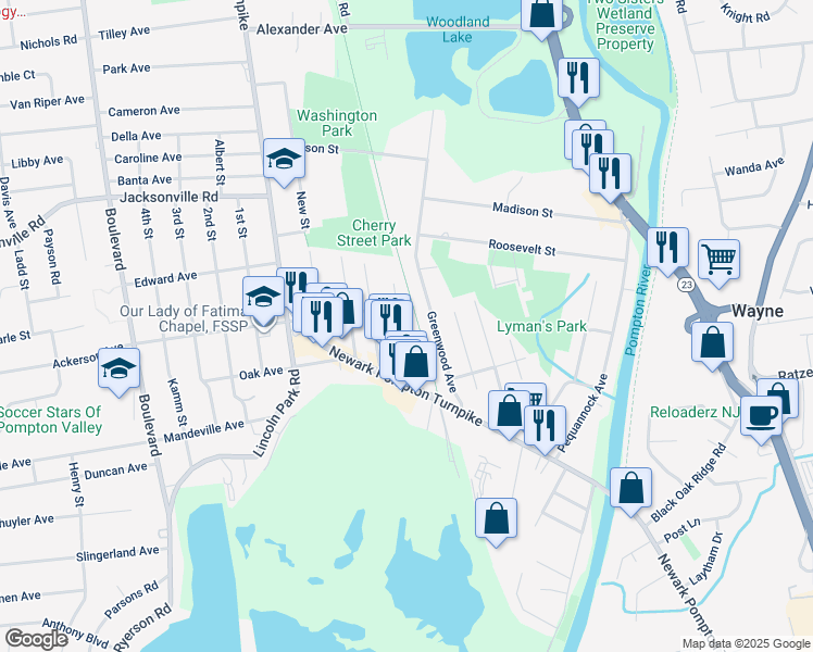 map of restaurants, bars, coffee shops, grocery stores, and more near 12 Demott Avenue in Pequannock Township