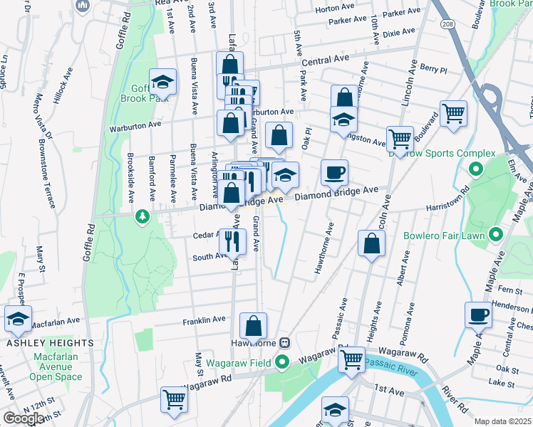 map of restaurants, bars, coffee shops, grocery stores, and more near 67 Royal Avenue in Hawthorne