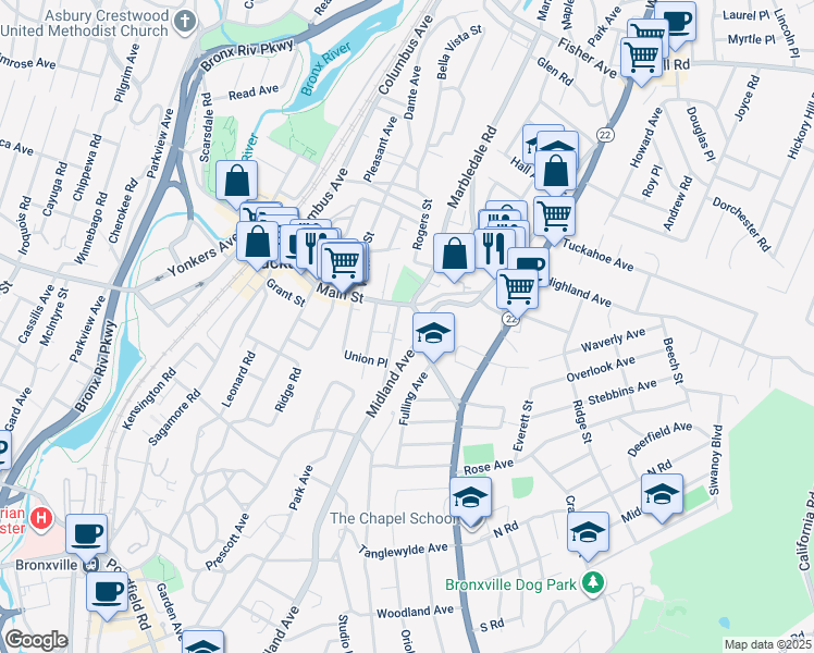 map of restaurants, bars, coffee shops, grocery stores, and more near 168 Main Street in Tuckahoe