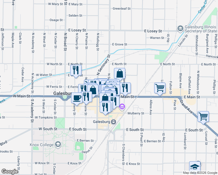 map of restaurants, bars, coffee shops, grocery stores, and more near 95 North Seminary Street in Galesburg