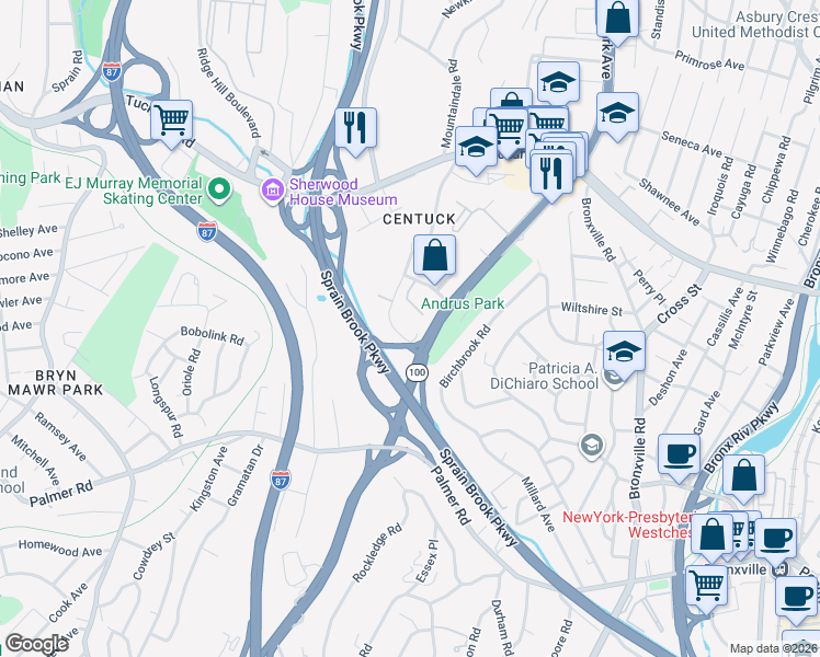 map of restaurants, bars, coffee shops, grocery stores, and more near 9 Winchester Avenue in Yonkers