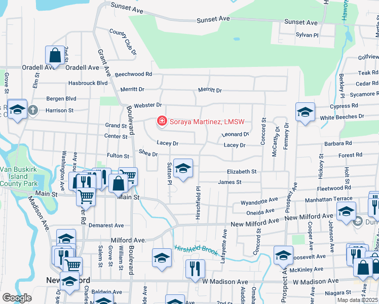 map of restaurants, bars, coffee shops, grocery stores, and more near 343 Shea Drive in New Milford