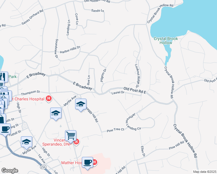 map of restaurants, bars, coffee shops, grocery stores, and more near 23 Old Post Road East in Port Jefferson
