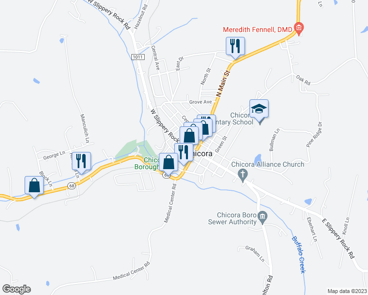 map of restaurants, bars, coffee shops, grocery stores, and more near 116 West Slippery Rock Street in Chicora