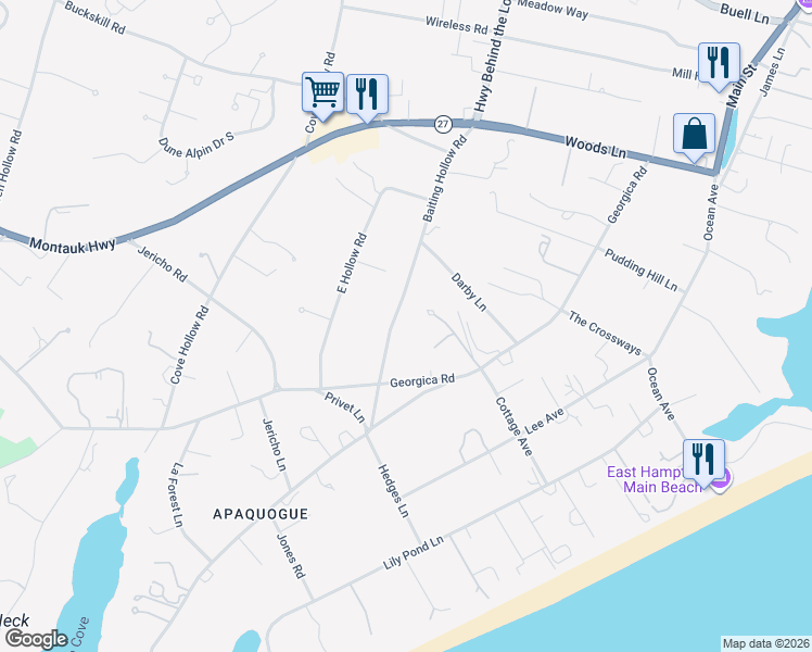 map of restaurants, bars, coffee shops, grocery stores, and more near 103 Georgica Road in East Hampton