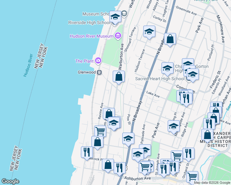 map of restaurants, bars, coffee shops, grocery stores, and more near 370 Warburton Avenue in Yonkers