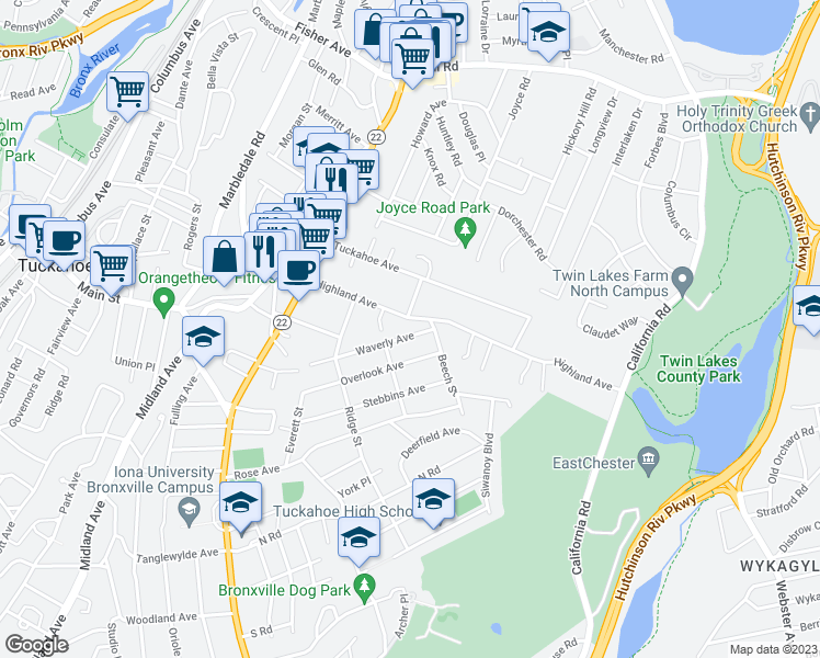 map of restaurants, bars, coffee shops, grocery stores, and more near 87 Waverly Avenue in Eastchester