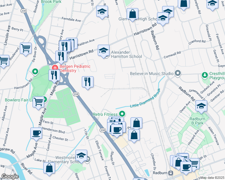 map of restaurants, bars, coffee shops, grocery stores, and more near 19 Nevins Road in Fair Lawn