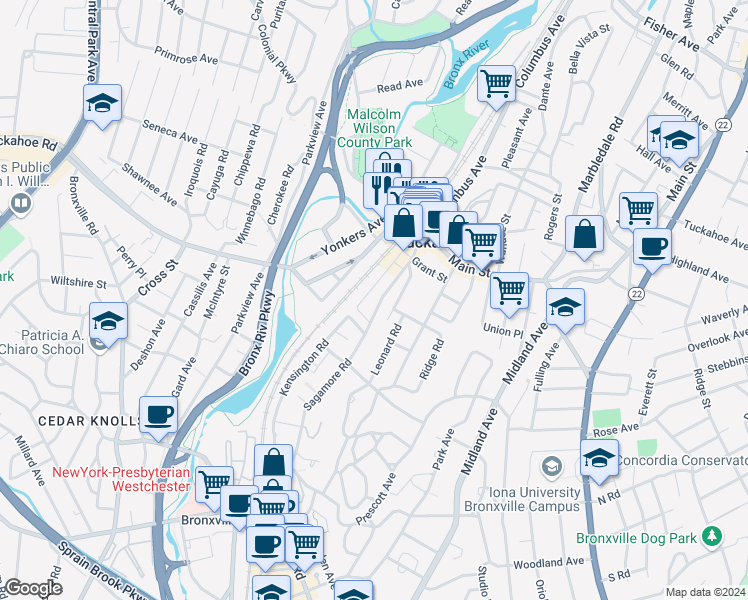 map of restaurants, bars, coffee shops, grocery stores, and more near 6 Oak Avenue in Tuckahoe