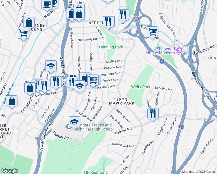 map of restaurants, bars, coffee shops, grocery stores, and more near 193 Lockwood Avenue in Yonkers