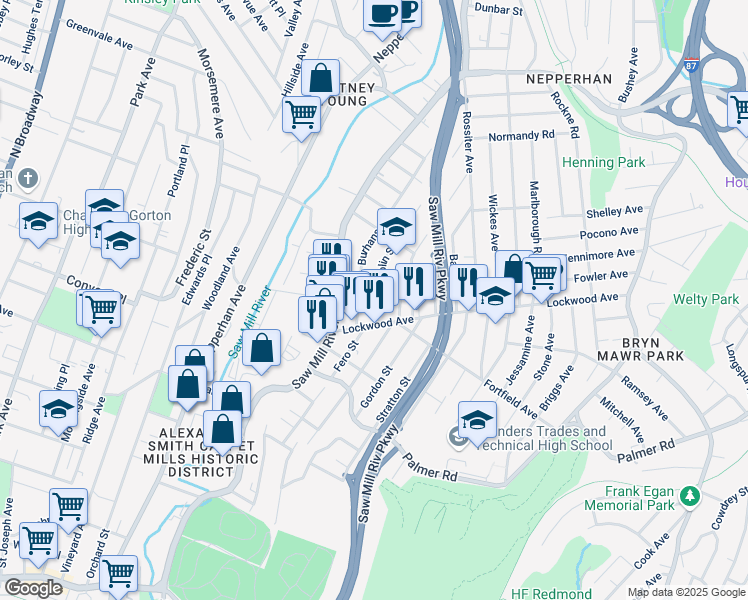 map of restaurants, bars, coffee shops, grocery stores, and more near 23 Colin Street in Yonkers