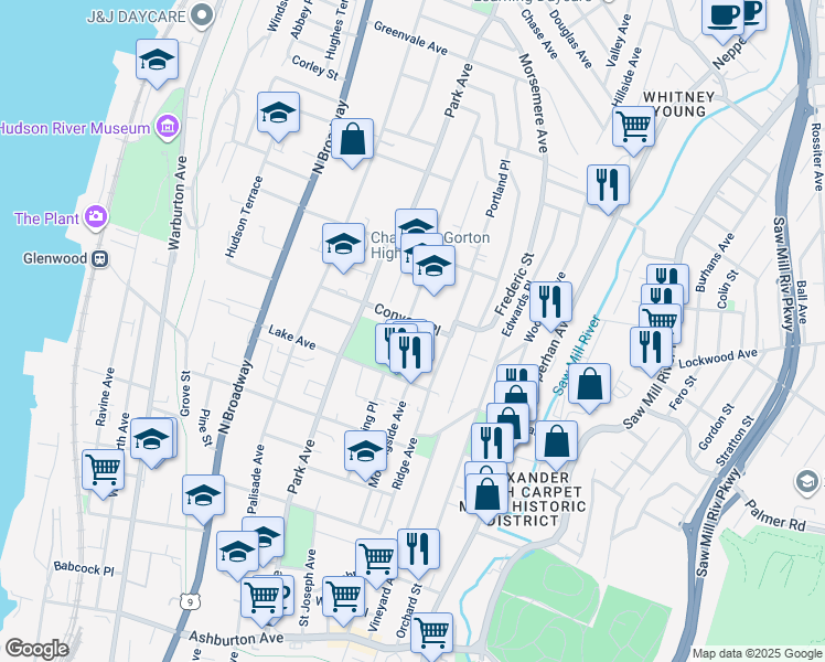 map of restaurants, bars, coffee shops, grocery stores, and more near 1 Convent Avenue in Yonkers